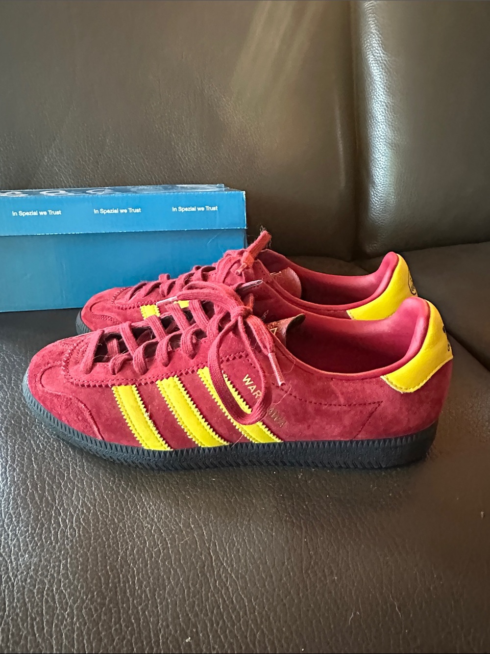 adidas Men’s Warszawa Suede Sneakers in Burgundy with Yellow Stripes - Picture 4 of 6